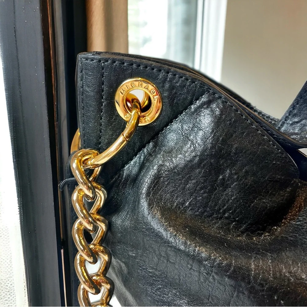 Michael Kors Vintage Black Leather With Gold Studs and Chain Crossbody EVC - Picture 5 of 15